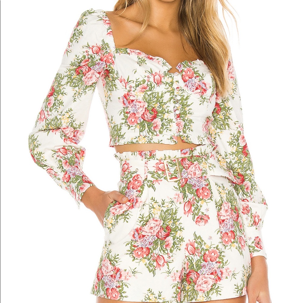 MAJORELLE White Floral Cropped Sweetheart Top